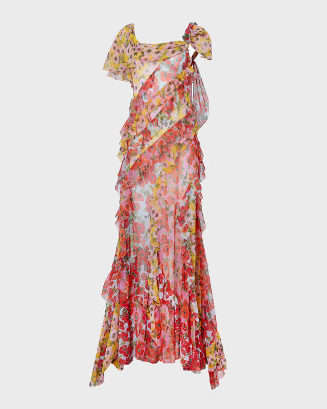 Multifloral-Print Ruffle Asymmetric Cap-Sleeve Chiffon Gown